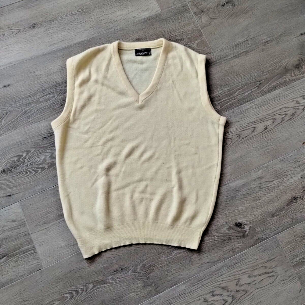 VINTAGE Renaissance Sweater Vest XL Beige Cream Acrylic Grandpa USA Made Stretch